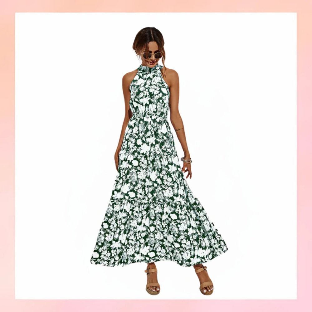 Green Floral Halter Maxi Dress - Women